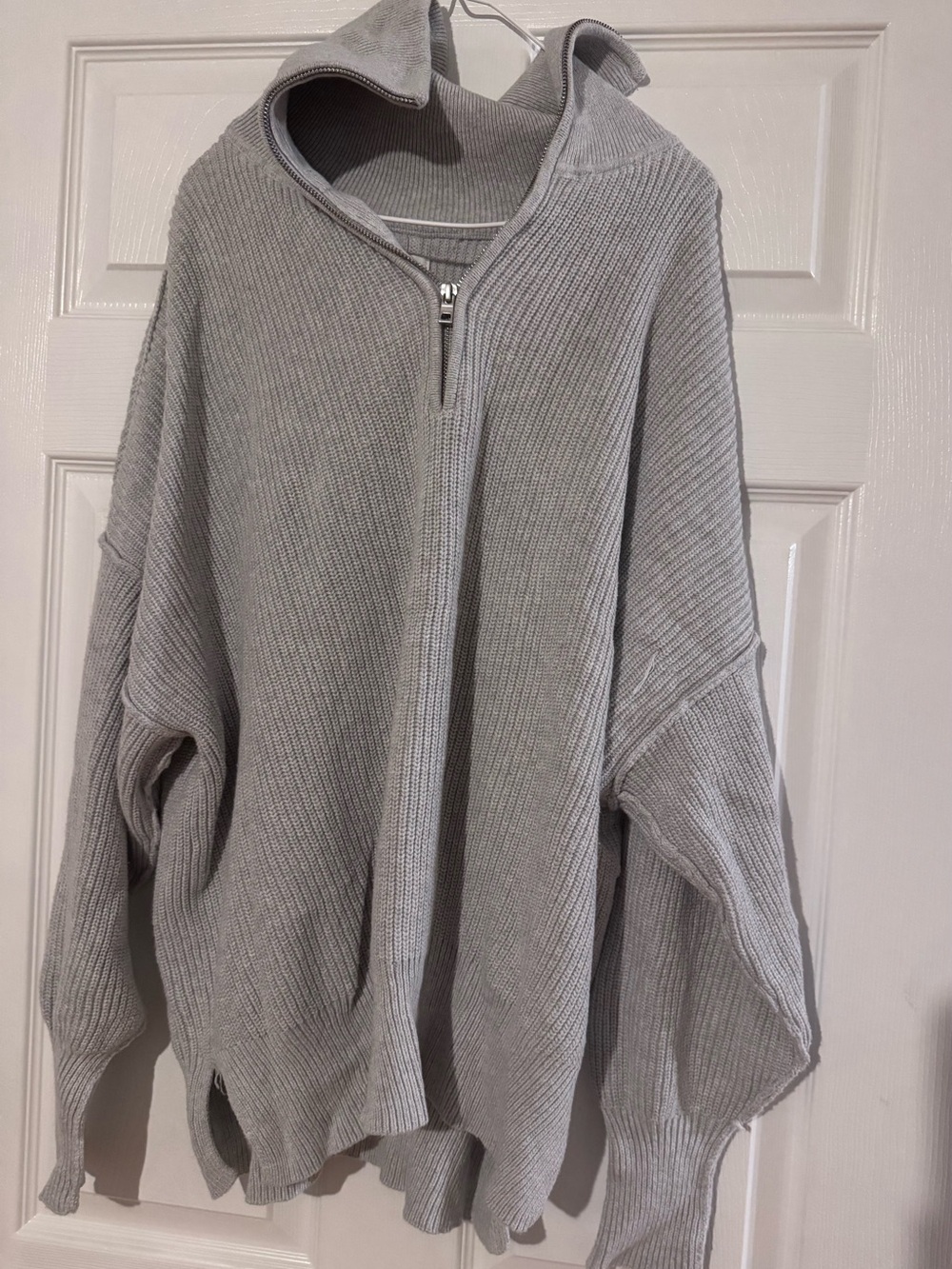 aerie Light Gray Ribbed Quarter-Zip Turtleneck Sweater